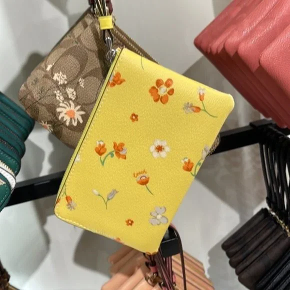 Coach Corner Zip Wristlet With Mystical Floral Print Silver/Yellow Multi